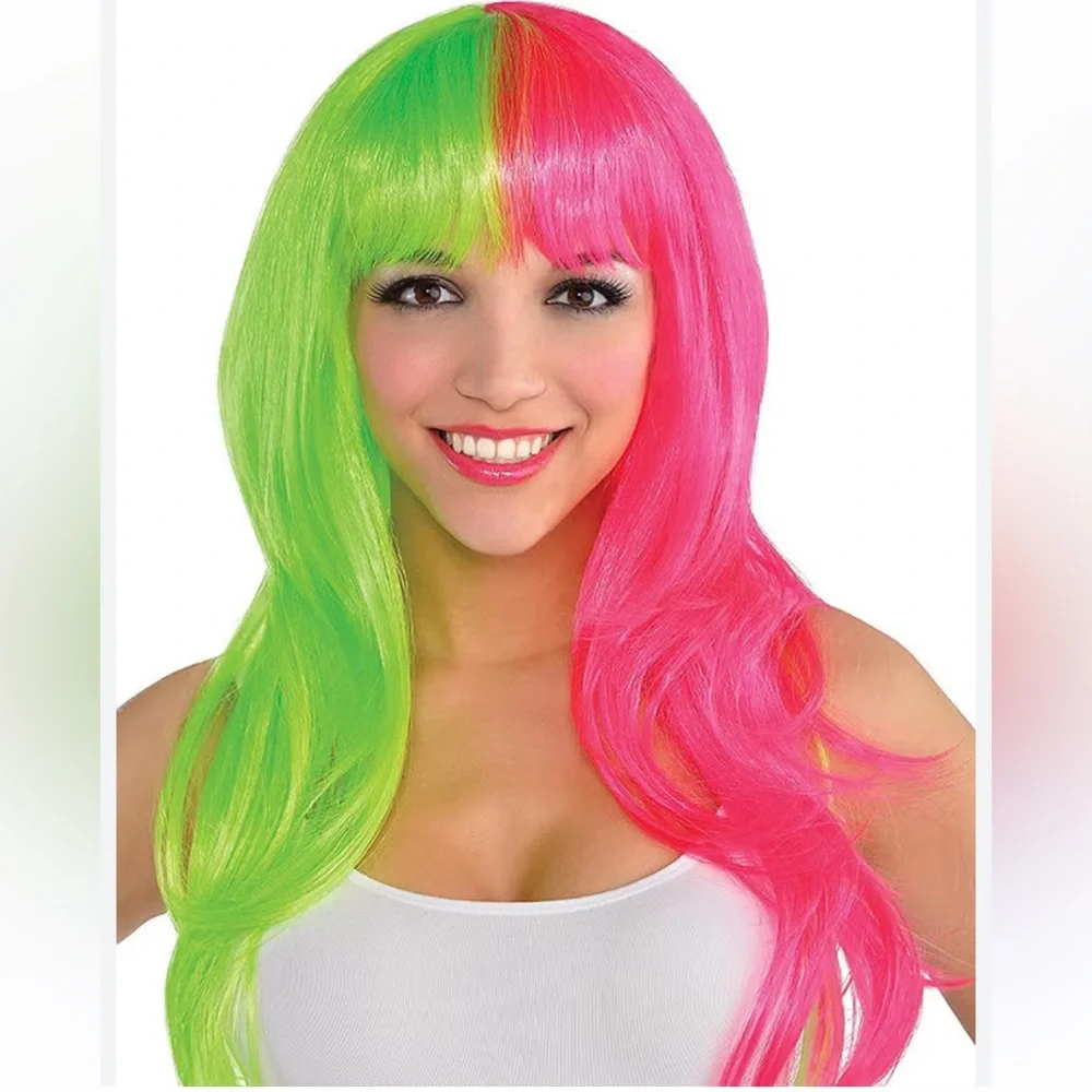 Glam Neon pink and green Wig Black Light Reactive Colors NEW costume Halloween